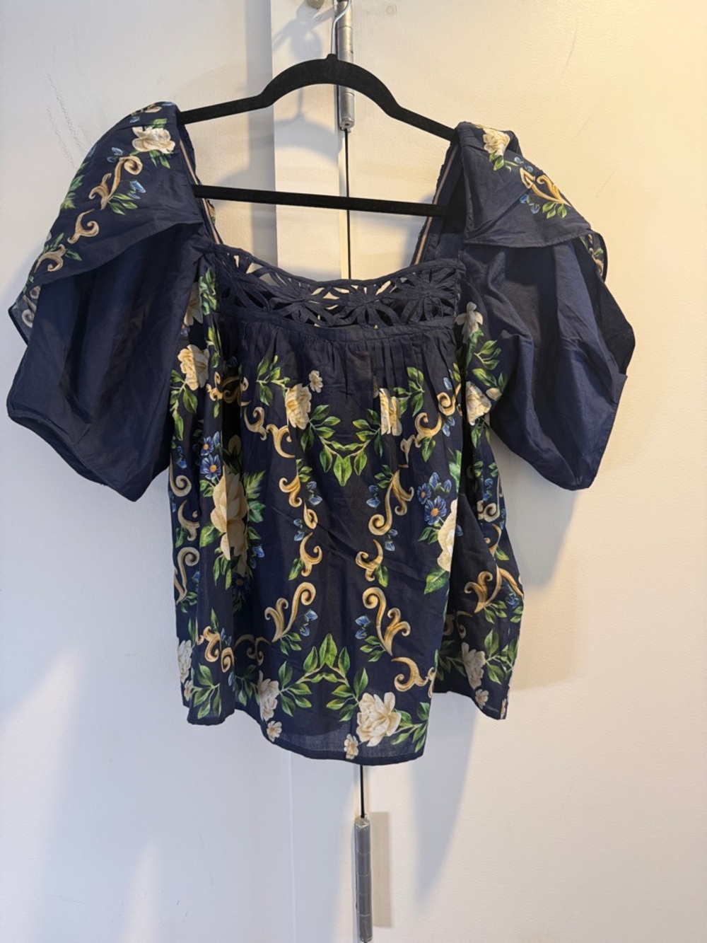 FARM Rio Navy Floral Off-the-Shoulder Eyelet Yoke Top